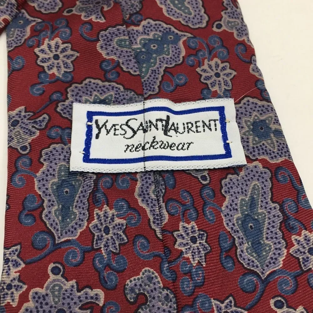 Vintage Yves Saint Laurent YSL Dark Red Blue and Gray Paisley Silk Tie